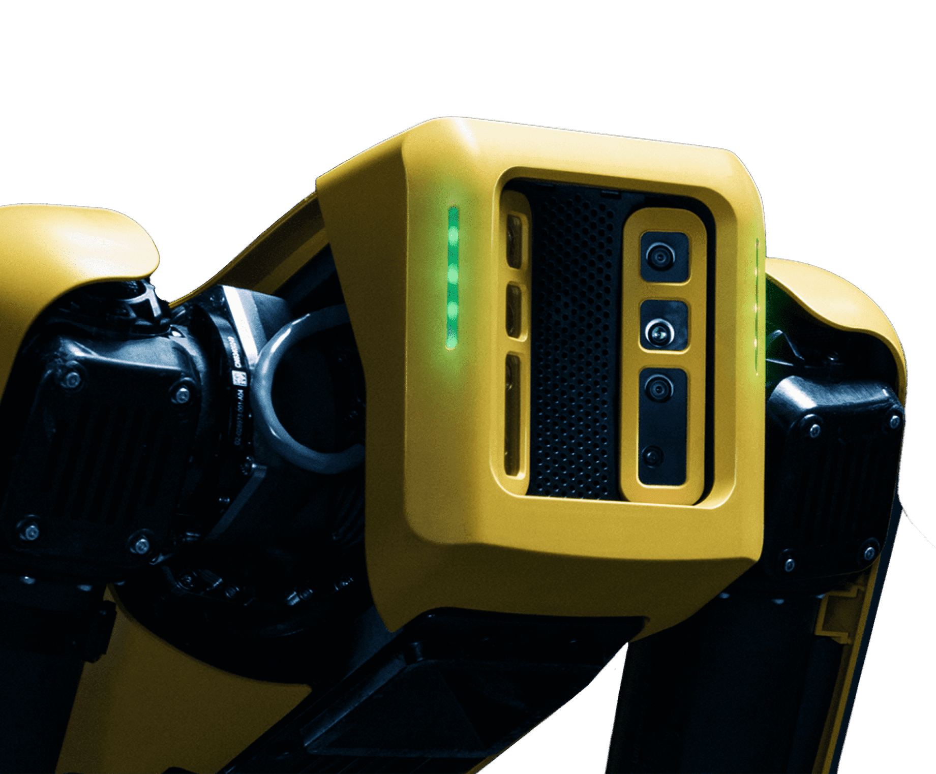 Close-up of the yellow body and front sensors of a Boston Dynamics Spot robot.